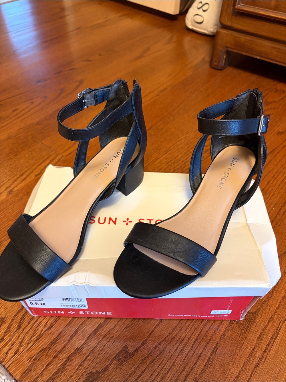 Sun + Stone Black Open-Toe Ankle-Strap Block Heels